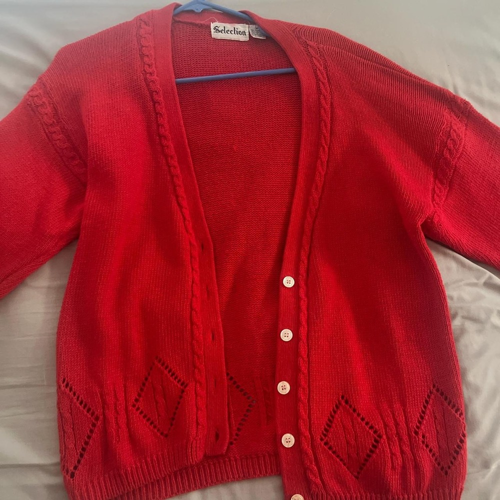 Bright Red Cotton Cardigan With Cabled Details, Size M